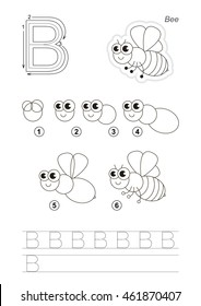 Complete vector illustrated alphabet with kid games. Learn handwriting. Easy educational kid game. Simple level of difficulty. Gaming and education. Drawing tutorial for letter B. Cute Bee.