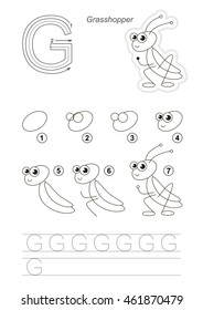 Complete vector illustrated alphabet with kid games. Learn handwriting. Easy educational kid game. Simple level of difficulty. Gaming and education. Drawing tutorial for letter G. The Grasshopper.