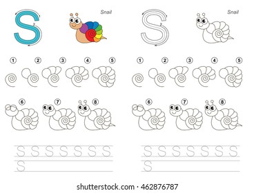 Complete vector illustrated alphabet with kid games. Learn handwriting. Easy educational kid game. Simple level of difficulty. Gaming and education. Drawing tutorial for letter S. Rainbow Snail.