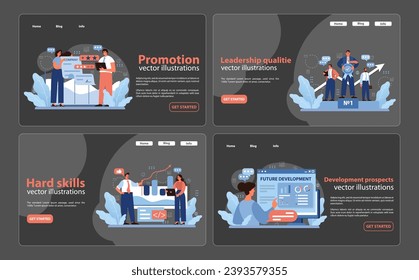 Complete vector illustration set showcasing Promotion, Leadership Qualities, Hard Skills, and Development Prospects, integral to career growth. Flat vector illustration.