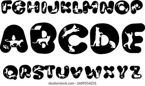Complete vector set of capital letters A-Z, each uniquely integrated with a cat silhouette. Ideal for creative typography projects, pet-themed branding, educational materials, or decorative alphabet