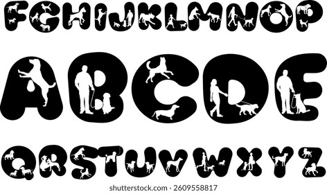 Complete vector set of capital letters A to Z, each creatively combined with a pet dog silhouette. Perfect for dog-themed branding, children’s educational materials, playful typography, and decorative