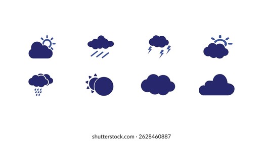 Complete vector set of flat weather icons representing various meteorological conditions for use in forecasts, apps, and climate-related designs