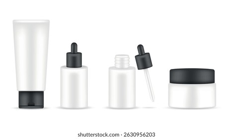 Complete vector set of modern cosmetic packaging in minimalist style: tube, dropper bottle, open dropper with bottle, and cream jar on white background