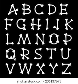 Complete Vector Set Of White Bones Silhouettes Uppercase Alphabet Letters Isolated On Black For Halloween, Pirates, Medical And Horror Concepts, Design Elements