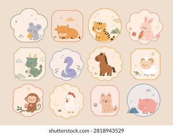 A complete vector template set of cute Korean 12 zodiac animal characters framed in decorative labels and name tags.
