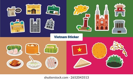A complete Vietnam sticker pack featuring traditional food, landmarks, cultural symbols, and famous architecture in flat vector style. Perfect for travel, education, and festival designs.