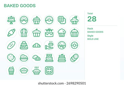 A complete visual system of 28 Bold Line icons honoring Baked Goods, ready for documentation.