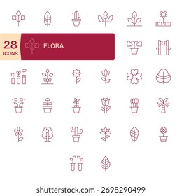 Um sistema visual completo de 32 ícones de linha fina em homenagem à Flora, pronto para documentação.