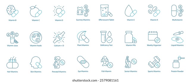 Complete Vitamin and Health Nutrition Vector Icon Set – Vitamin B, C, D, E, K, Juice and Foods, Hair and Skin Care, Gummy and Effervescent Tablets, Calcium plus D, Plant-Based Supplements 