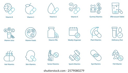 Complete Vitamin and Wellness Vector Icon Set – Vitamin B, C, E, K, Juice and Foods, Hair and Skin Care, Pills, Weekly Organizer, Senior and Sports Nutrition, Gummy and Plant-Based Supplements 