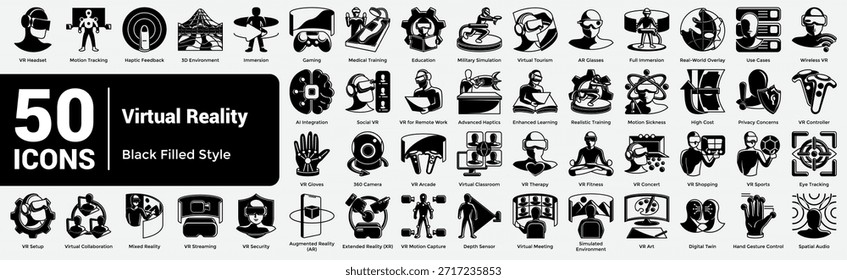 The Complete VR Icon Library is the ultimate collection of 50 icons, offering a comprehensive suite of digital tools for any virtual reality project, from gaming to remote work. Black Filled style.