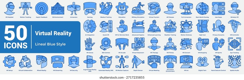 The Complete VR Icon Library is the ultimate collection of 50 icons, offering a comprehensive suite of digital tools for any virtual reality project, from gaming to remote work. Blue style.
