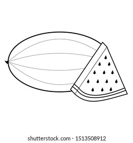 Complete watermelon and slice vector illustration in black and white. Icon for websites or mobile applications.
