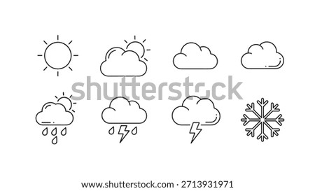 Complete weather icon collection line style. Contains sun cloud rain lightning and snowflake linear vector signs. Meteo icons.