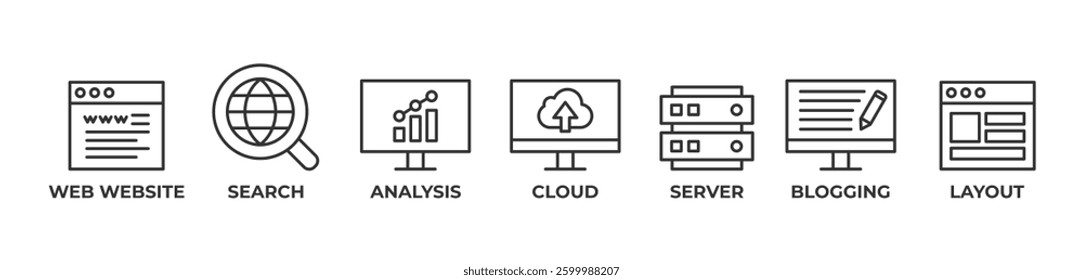 Complete Web Solutions Icons set vector illustration with Web Website, Search Engine, Analysis, Cloud, Server, Blogging, Layout