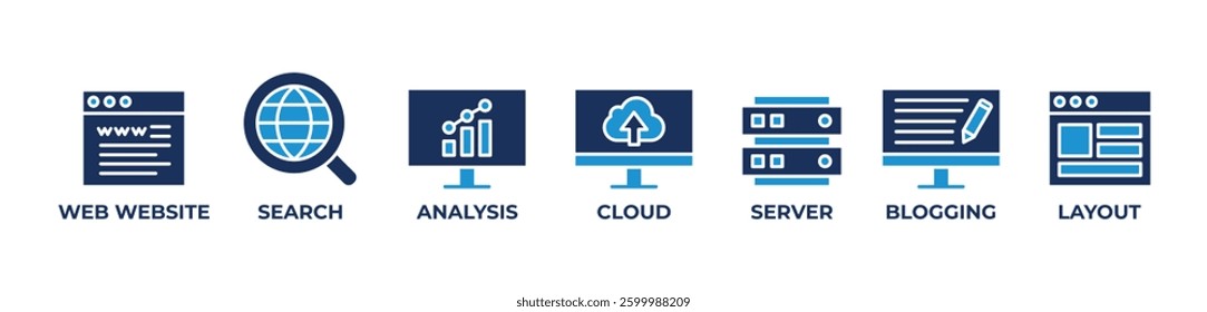 Complete Web Solutions Icons set vector illustration blue with Web Website, Search Engine, Analysis, Cloud, Server, Blogging, Layout