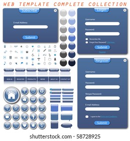 Complete web template collection with forms, bars, buttons, icons and chat bubbles.