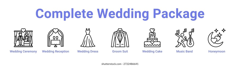Banner e coleção completa do ícone do Pacote de Casamento