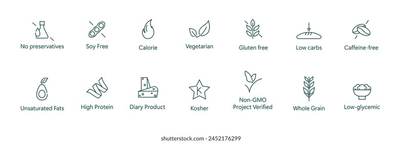 Icono de bienestar completo: Sin gluten, Bajo en carbohidratos, Grasas insaturadas, Sin lácteos, Vegetariano, Sin OMG Diseño de Vector