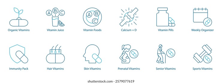 Complete Wellness and Immunity Vector Icon Set – Organic Vitamins, Vitamin Juice and Foods, Calcium plus D, Pills, Weekly Organizer, Immunity Pack, Hair and Skin Care, Prenatal 