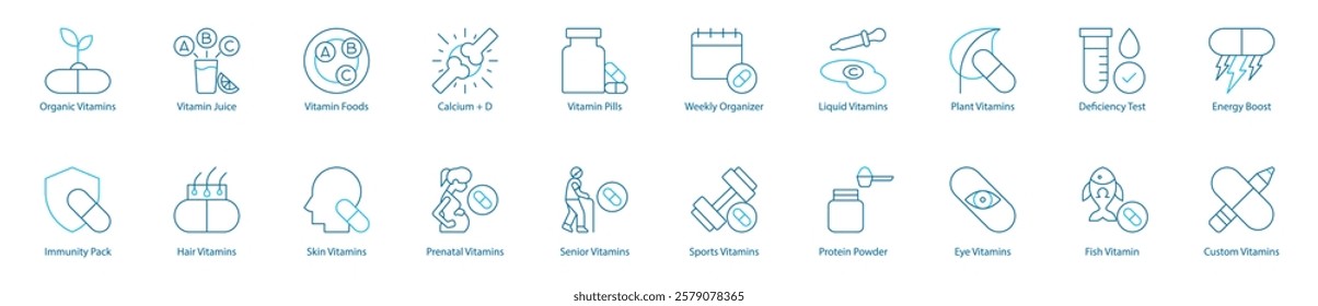 Complete Wellness and Nutrition Vector Icon Set – Organic Vitamins, Vitamin Juice and Foods, Calcium plus D, Pills, Weekly Organizer, Liquid and Plant-Based Vitamins, Deficiency Test, Energy Boost 