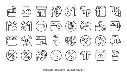 Complete wireless earbud icon set in simple outline style with editable stroke. Designed for modern web design, tech product presentations, and audio-related application interfaces.