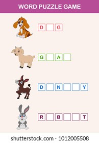 Complete the words children educational game. Learning farm animals theme and vocabulary