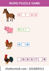 Complete the words children educational game. Learning farm animals theme and vocabulary
