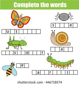 Complete the words children educational game. Learning insects theme and vocabulary