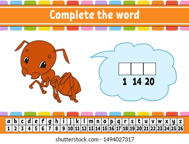 Complete the words. Cipher code. Learning vocabulary and numbers. Education developing worksheet. Activity page for study English. Game for children. Isolated vector illustration. Cartoon character.