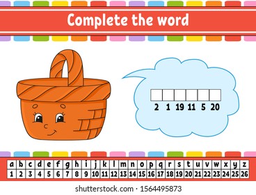 Complete the words. Cipher code. Learning vocabulary and numbers. Education developing worksheet. Activity page for study English. Game for children. Isolated vector illustration. Cartoon character.