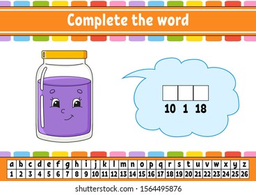 Complete the words. Cipher code. Learning vocabulary and numbers. Education developing worksheet. Activity page for study English. Game for children. Isolated vector illustration. Cartoon character.