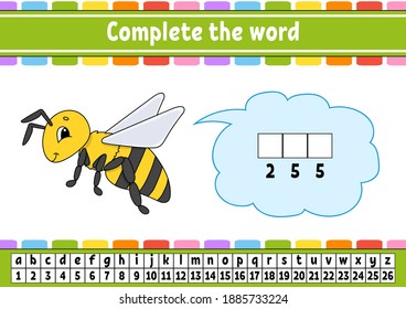 Complete the words. Cipher code. Learning vocabulary and numbers. Education worksheet. Activity page for study English. Isolated vector illustration. Cartoon character.