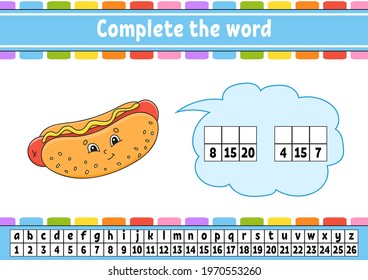 Complete the words. Cipher code. Learning vocabulary and numbers. Education worksheet. Activity page for study English. Isolated vector illustration. Cartoon character.