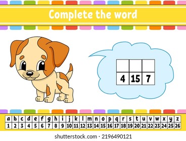 Complete the words. Cipher code. Learning vocabulary and numbers. Education worksheet. Activity page for study English. Isolated vector illustration. cartoon character.