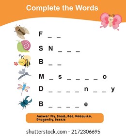 Complete the words. Educational worksheet activity for preschool kids. Vector illustration.