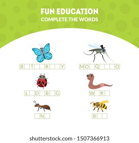 Complete the Words, Fun Educational Game for Preschool Kids, Butterfly, Mosquito, Ladybug, Worm, Ant, Bee Vector Illustration