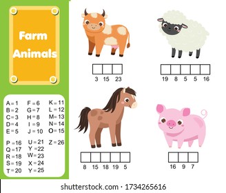 Complete the words using cipher code. Children educational game. Learning farm animals, vocabulary and numbers for kids