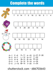 Complete the words using cipher code. Children educational game.Christmas, new year winter holidays theme. learning numbers, vocabulary and alphabet