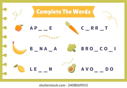 Complete Words vegetables. Puzzle and riddle for children. Educational material for kids. Apple, banana, broccoli, carrot and lemon. Training and learning. Cartoon flat vector illustration