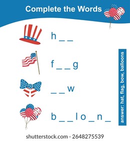 Preencha a planilha de palavras. Atividade educativa para crianças. Aprender inglês. Planilha para criança.