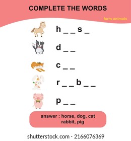 Complete the words worksheet for learning English. Educational activity for kids. Writing practice. Vector illustration.