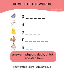 Complete la hoja de cálculo de palabras para aprender inglés. Actividad educativa para los niños. Práctica de escritura. Ilustración vectorial.