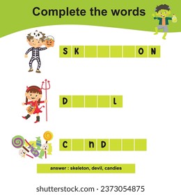 Complete the words worksheet. Write the missing letters and complete the words. Writing Halloween things for children. Writing activity with Halloween edition. Printable activity page for kids. Vector