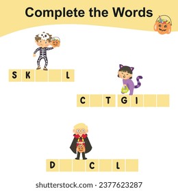 Complete the words worksheet. Write missing letters and complete words. Writing Halloween things sheet with children. Writing activity. Printable activity page for kids. Vector file.