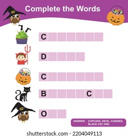 Complete the words worksheet. Writing Halloween things sheet with children. Educational activity for preschool kids. Preschool Education. Vector illustration.