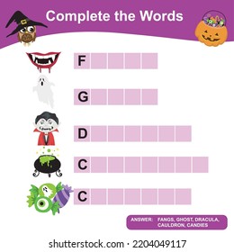 Complete the words worksheet. Writing Halloween things sheet with children. Educational activity for preschool kids. Preschool Education. Vector illustration.