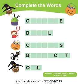 Complete the words worksheet. Writing Halloween things sheet with children. Educational activity for preschool kids. Preschool Education. Vector illustration.