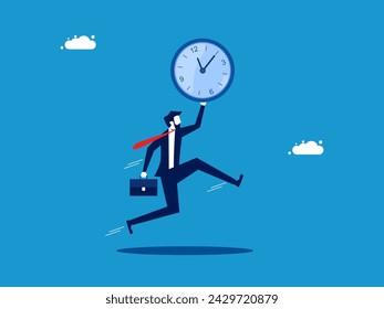 Complete work on time. Businessman running holding a time clock 